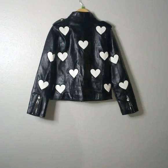 Lola Black Leather Jacket with White Heart Details - Picture 4 of 6